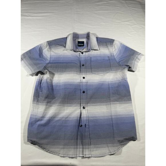 prAna Men’s Shirt Medium Blue Gray Striped Short Sleeve Button Casual Outdoors - Picture 1 of 5